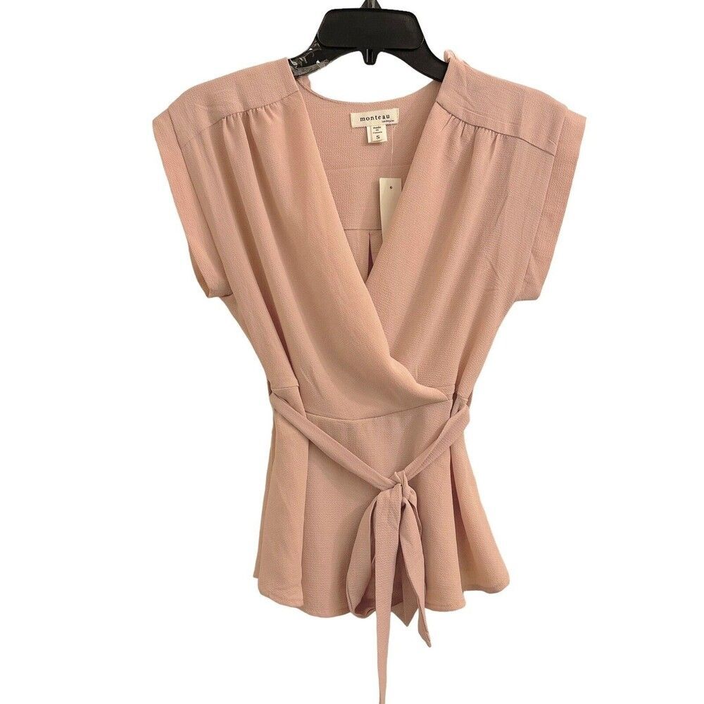 Monteau Womens Surplice Blouse Pink Tied V Neckline Barbie Core Size Small NWT